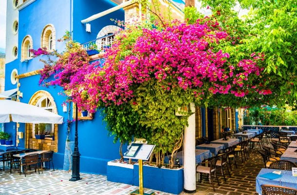Sininen ravintolarakennus kulmauksessa, jossa kasvaa värikkäitä kukkia.